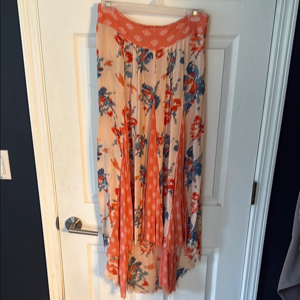 Free People Orange and Blue Pleated Maxi Skirt